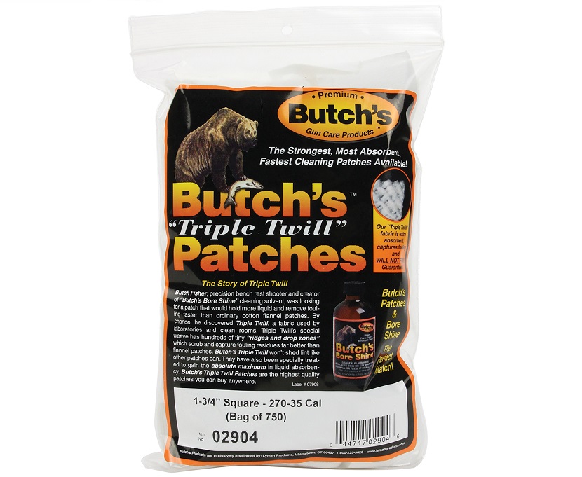 Butchs TRIPLE TWILL Barrel Cleaning Patches .270, 7mm to .35, 9mm square 45mm package of 750